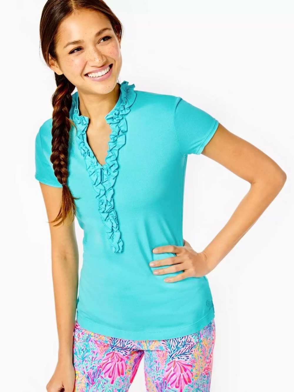 Lilly Pulitzer UPF 50+ Luxletic Frida Ruffle Polo Top Size Large Blue Resortwear